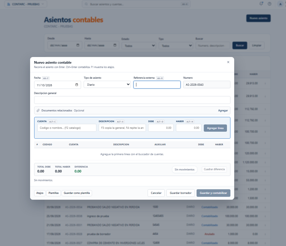 Pantalla real de NexAcount: Nuevo asiento contable, empresa CONTARC - PRUEBAS