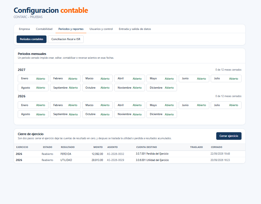 Pantalla real de NexAcount: Períodos y cierre, empresa CONTARC - PRUEBAS